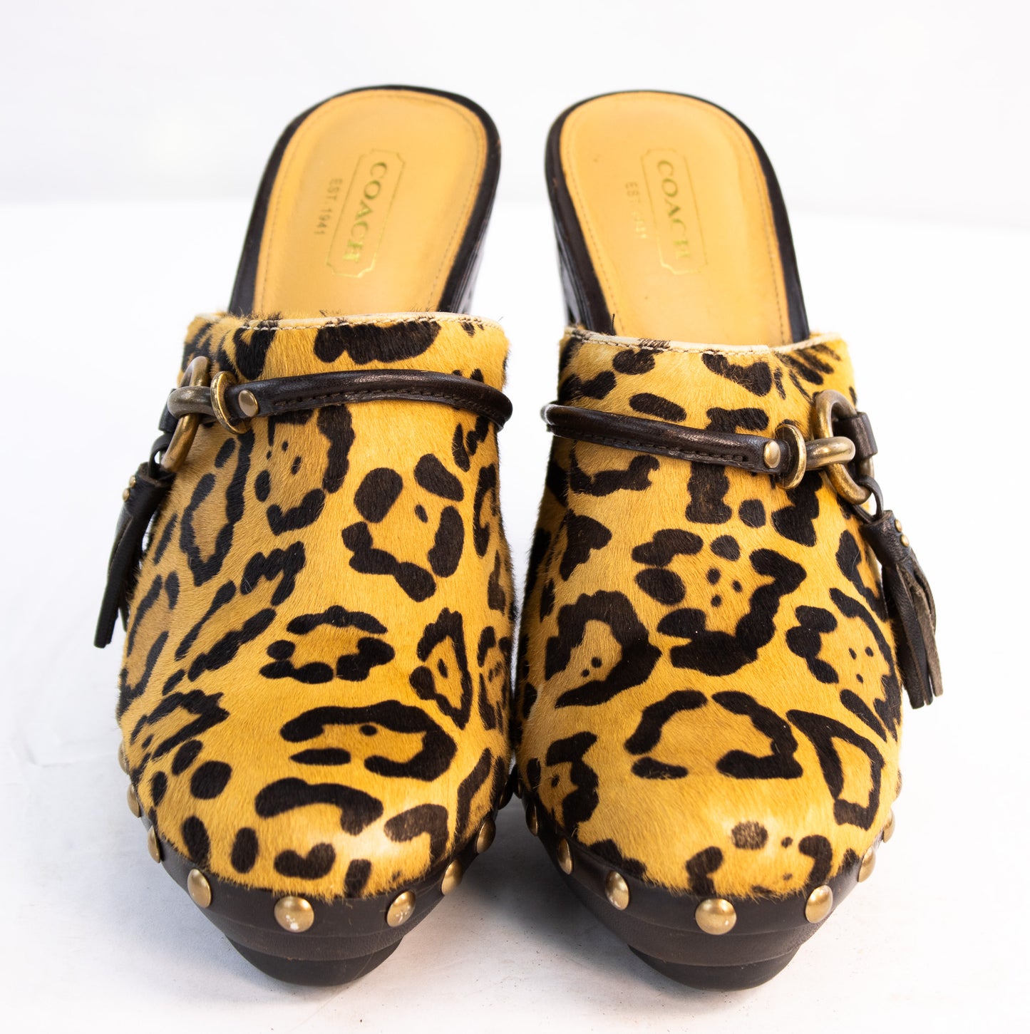 Coach Leopard Print Calf Hair Platform Clogs Women’s 8.5 Est Y2K Heels