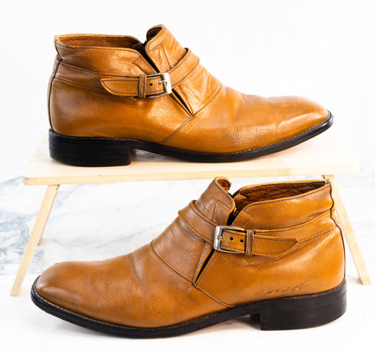 Italian Cognac Leather Buckle Boots Mens 11 Handmade Dress Boots