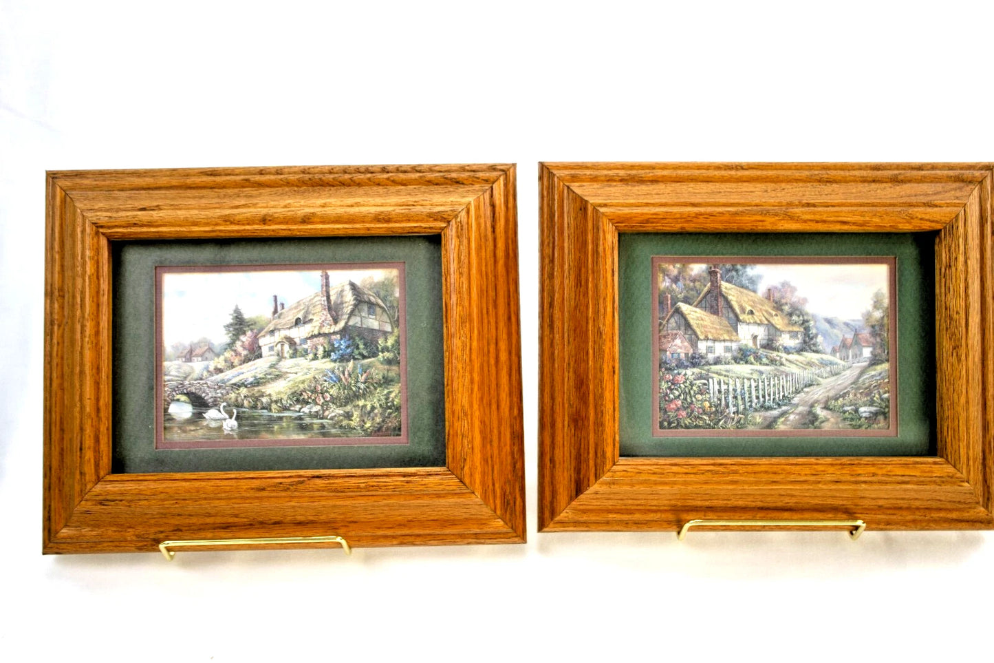 Vintage Foil Cottage Prints – Set of 2 English Countryside in Wood Frames