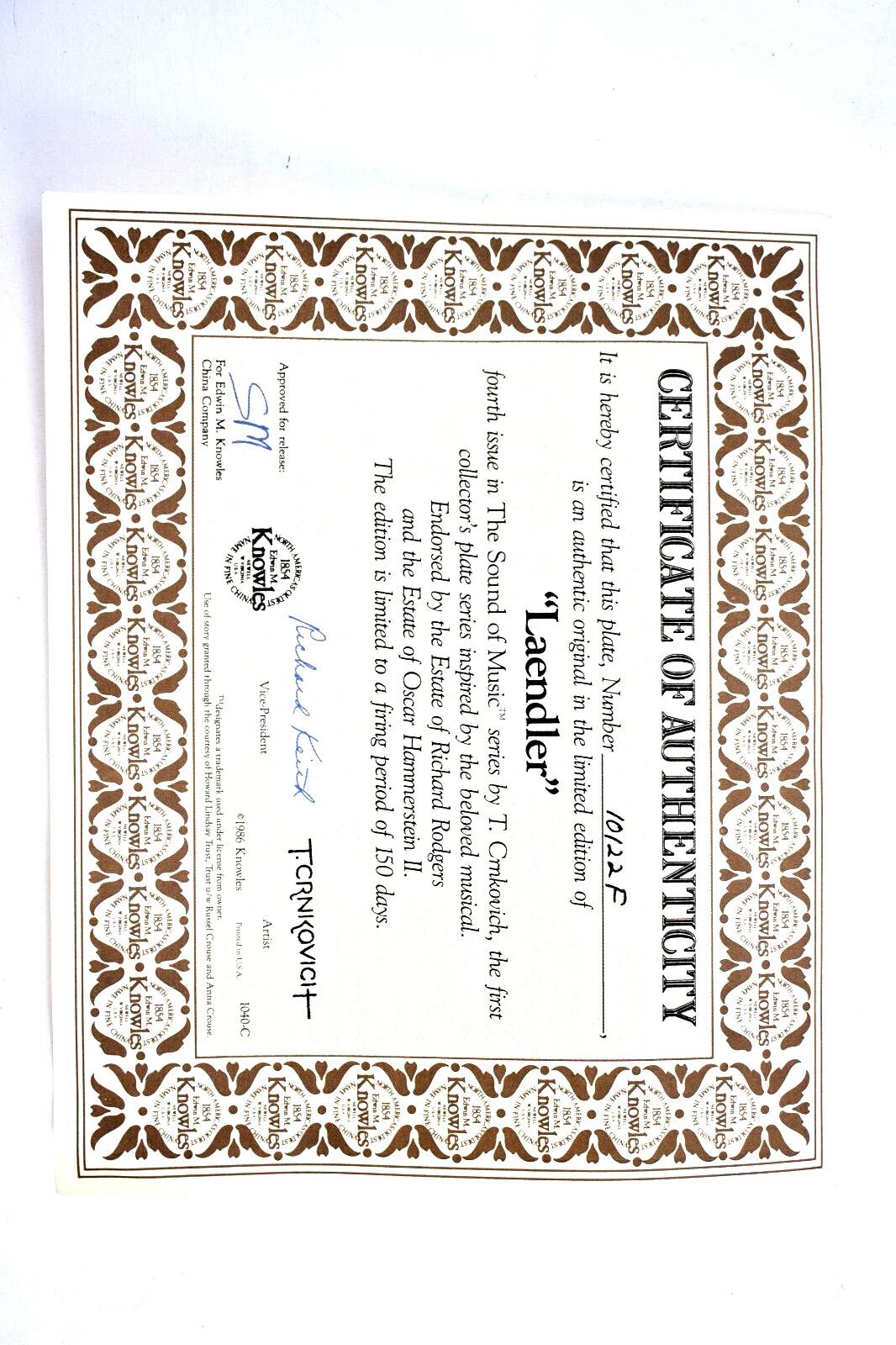 Vintage Knowles Sound of Music Plate Set – 5 Plates by T. Crnkovich – 1980s