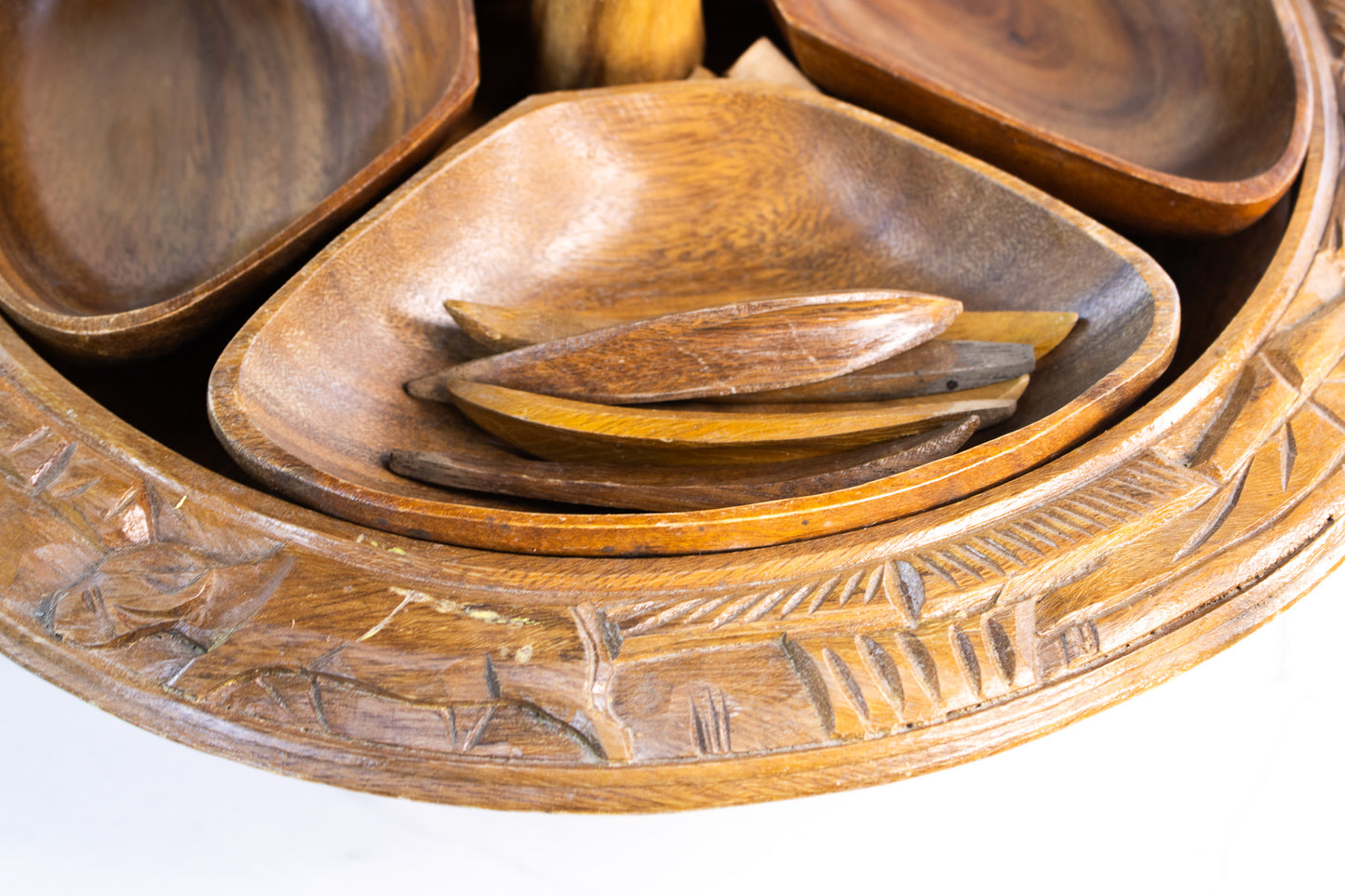 Vintage Hand-Carved Wooden Lazy Susan with Dual Spinning Tiers & Serving Bowls