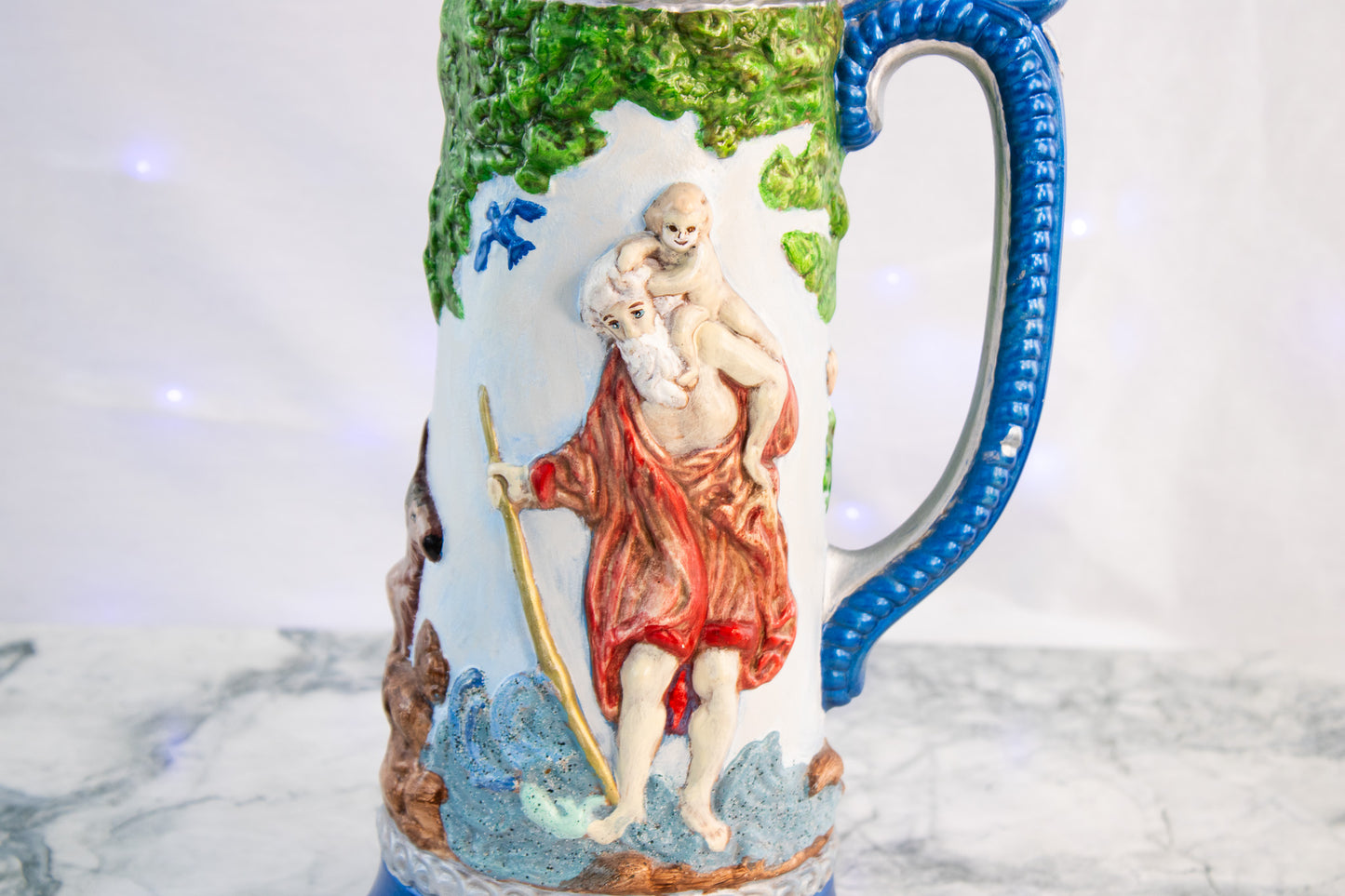 Hand Signed Folk Art Stein – Large Wildlife & St Christopher Ceramic Tankard