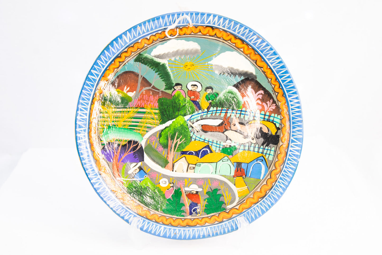 Hand Painted Folk Art Ceramic Plate Village Scene Colorful Wall Decor