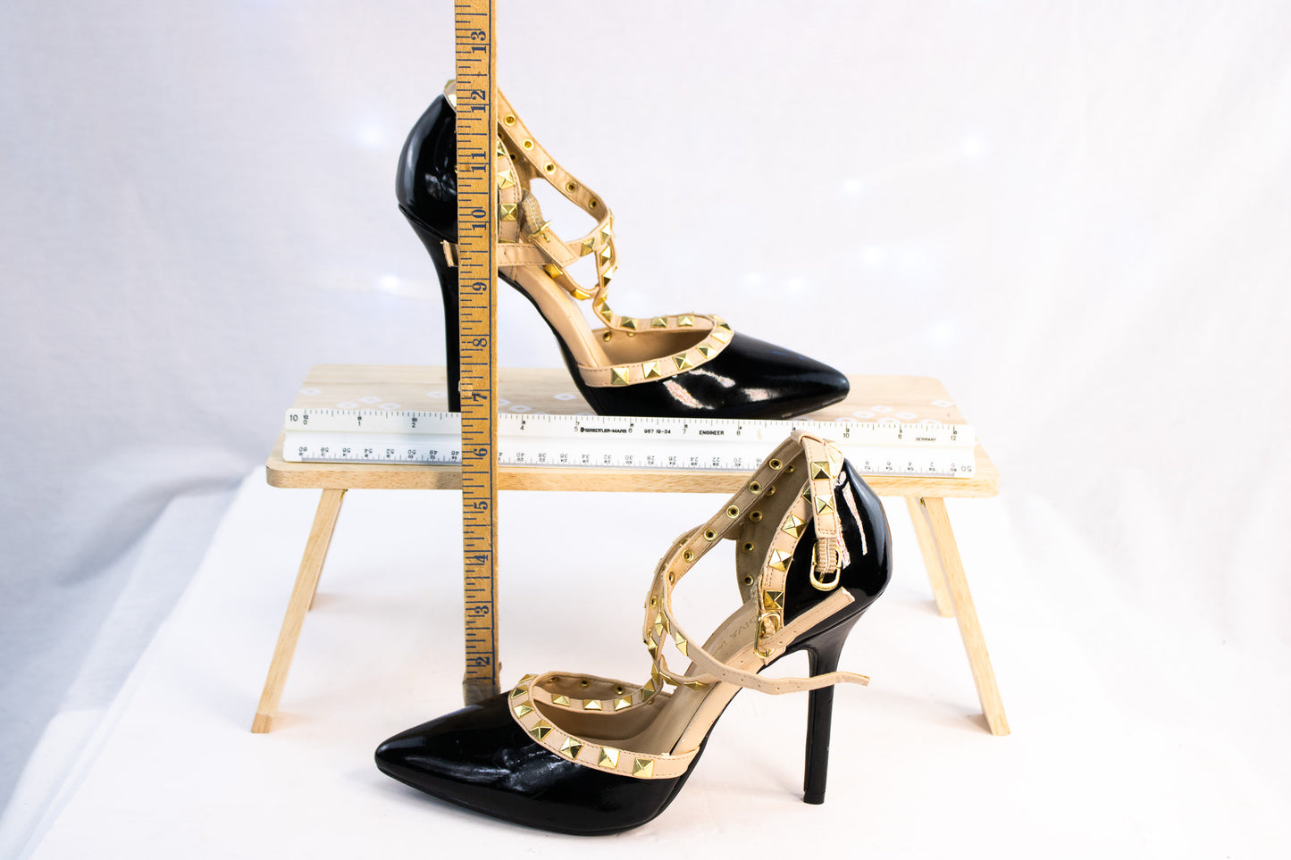 Studded T-Strap Heels Black Patent Gold Accents – Wild Diva Lounge 7.5