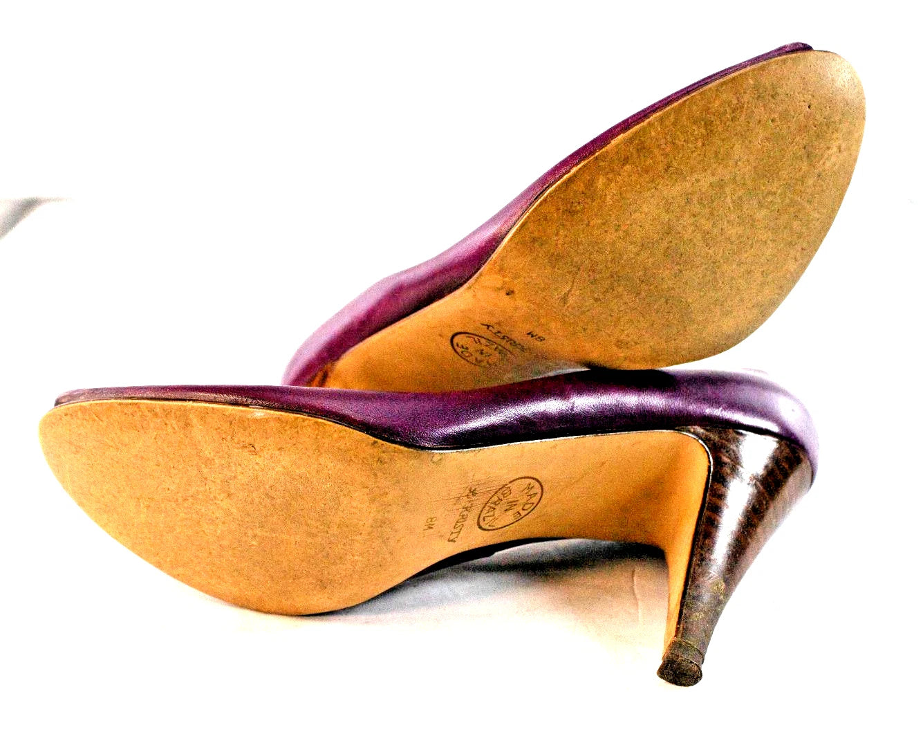 9 WEST “L-KRISTY” Heels – Plum Leather Peep Toe Pumps – Size 8M – Made in Brazil