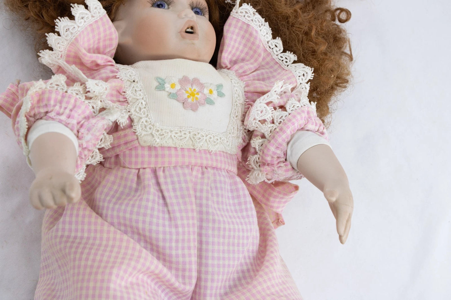 1993 MBI Karen A. Porcelain Doll in Pink Gingham Outfit 22" Vintage Collectible