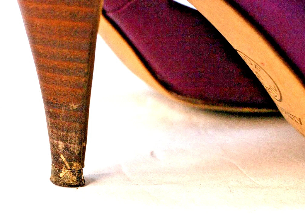 9 WEST “L-KRISTY” Heels – Plum Leather Peep Toe Pumps – Size 8M – Made in Brazil