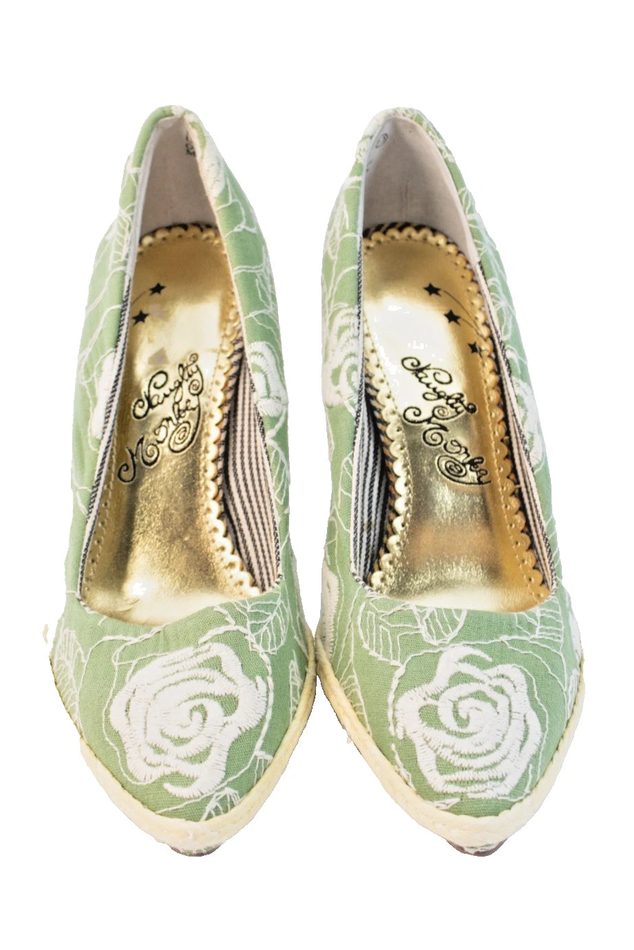 💚 Naughty Monkey Green Floral Embroidered Heels – Size 7.5 – Retro Resort Chic
