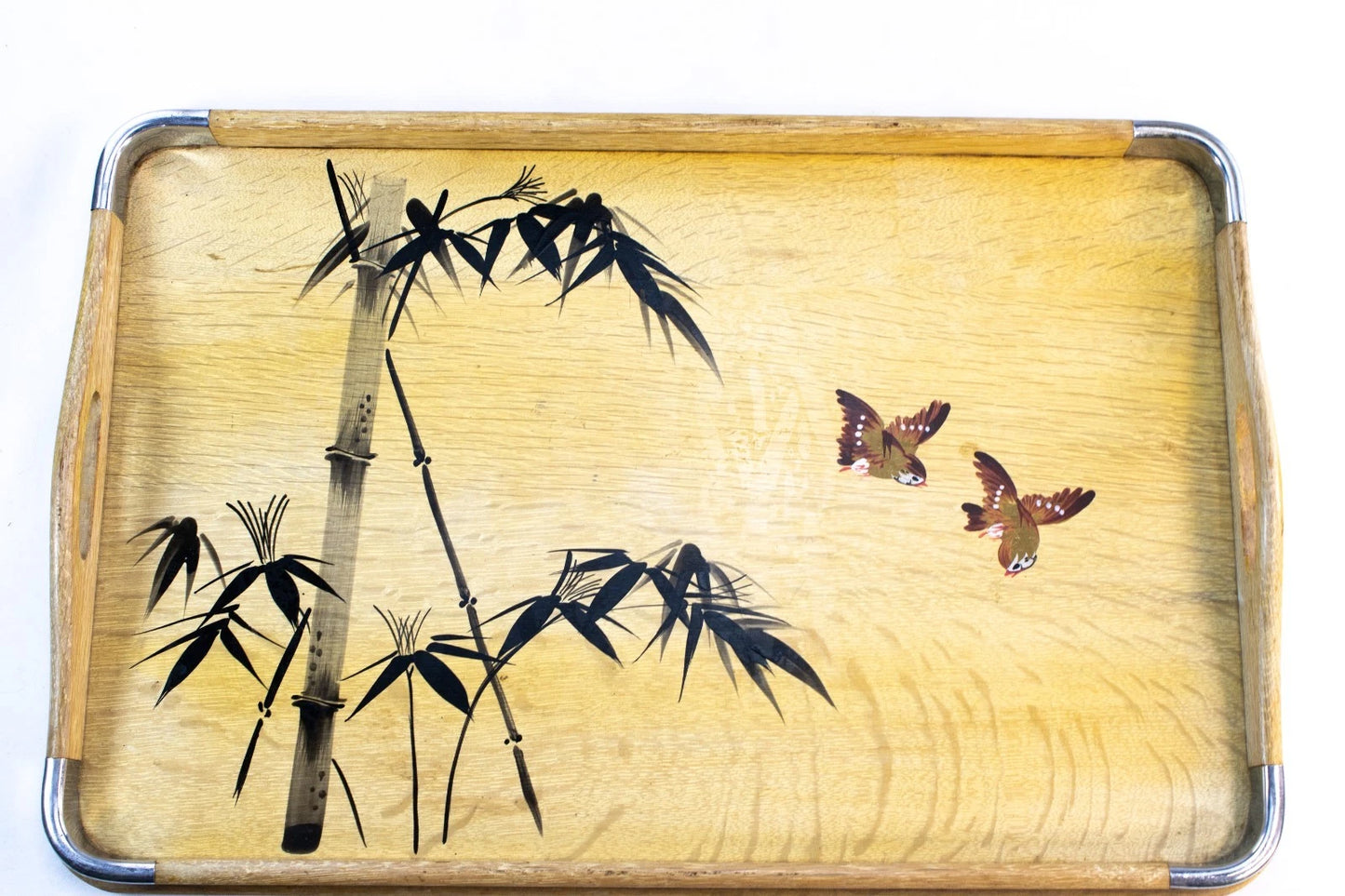 🌿 Vintage Japanese Bamboo & Bird Serving Trays – Set of 3 – Made in Japan – Mid