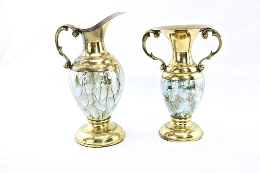 ✨ Vintage Mid Century Brass & Art Glass Pitcher & Vase Set – STUNNING Hollywood
