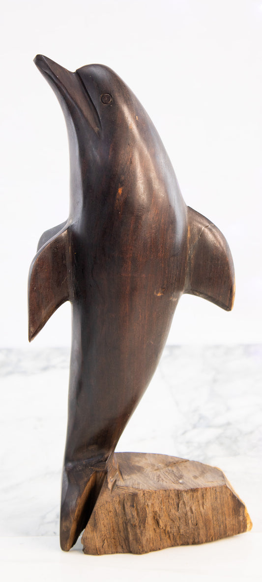 Hand-Carved Wooden Dolphin Sculpture | Vintage Folk Art Marine Decor
