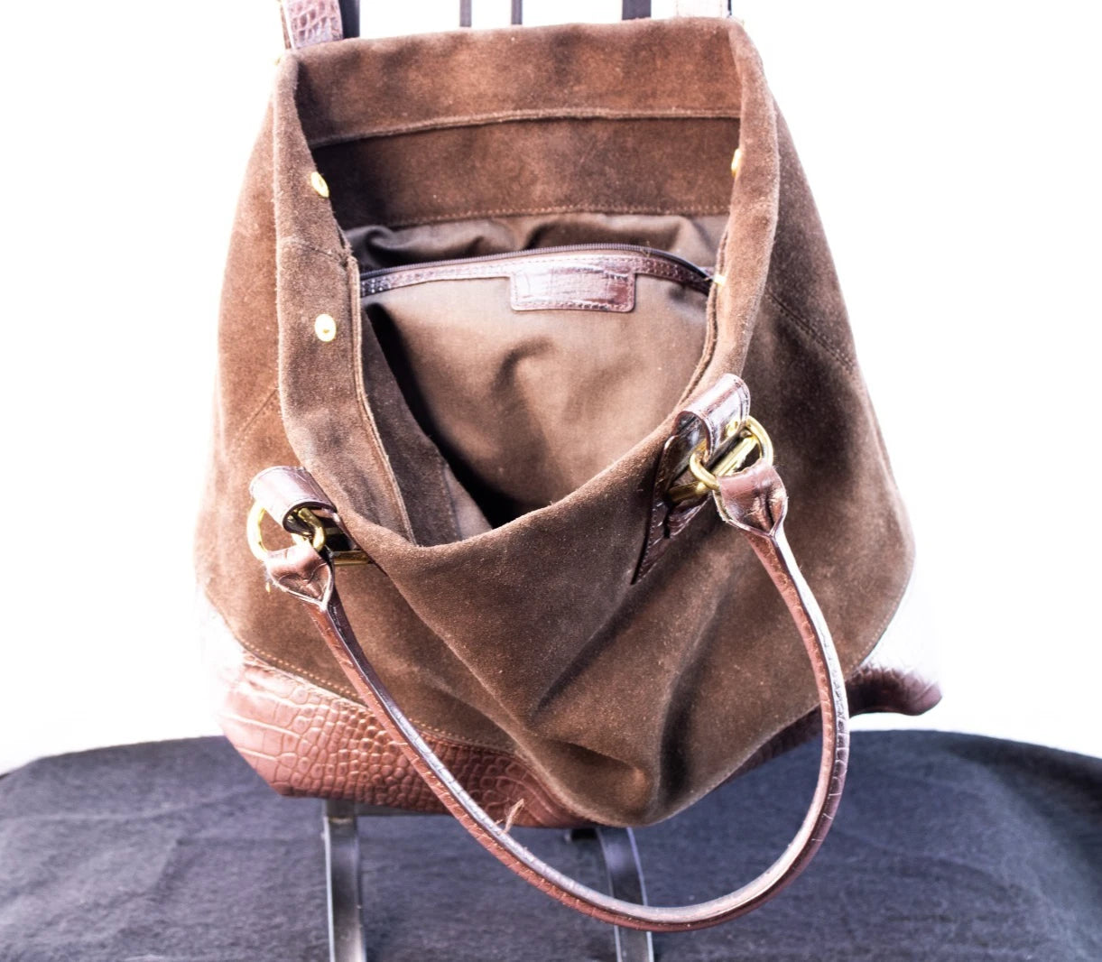 Brown Suede & Croc-Embossed Tote Bag – Large Shoulder Purse by HPHS