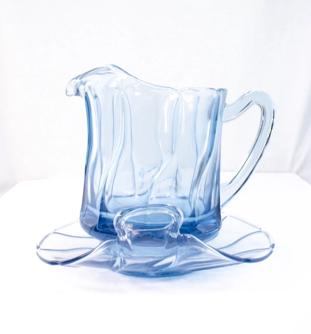 ✨ SKY DANCE IN GLASS | Vintage Hand-Blown Light Blue Pitcher & Matching Tray Set