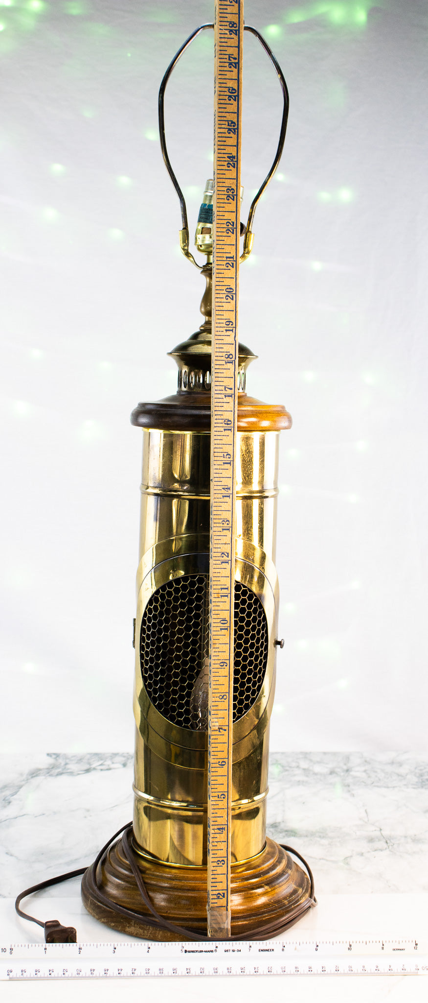 Tall Vintage Brass & Wood Statement Lamp | Mid-Century Flame Style Lighting