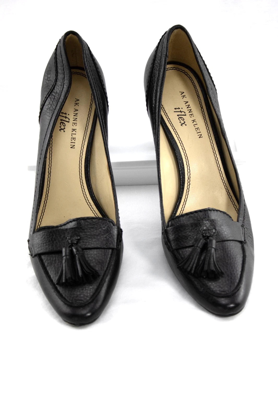 AK Anne Klein iFlex Black Leather Tassel Heels | Size 8.5M | Classic Loafer Pump