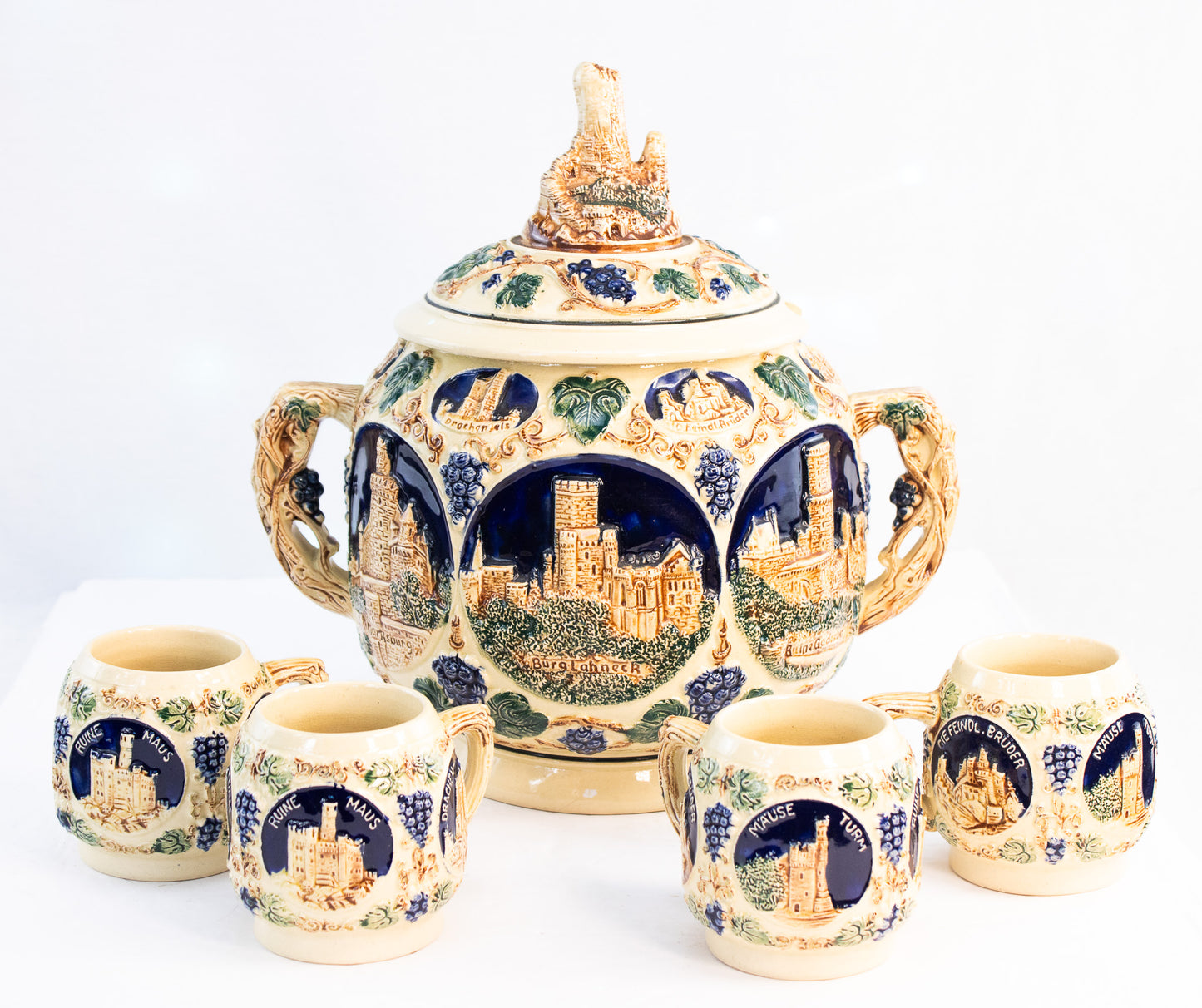 Vintage German Castle Punch Bowl Set | Old World Stoneware | Made in Germany
