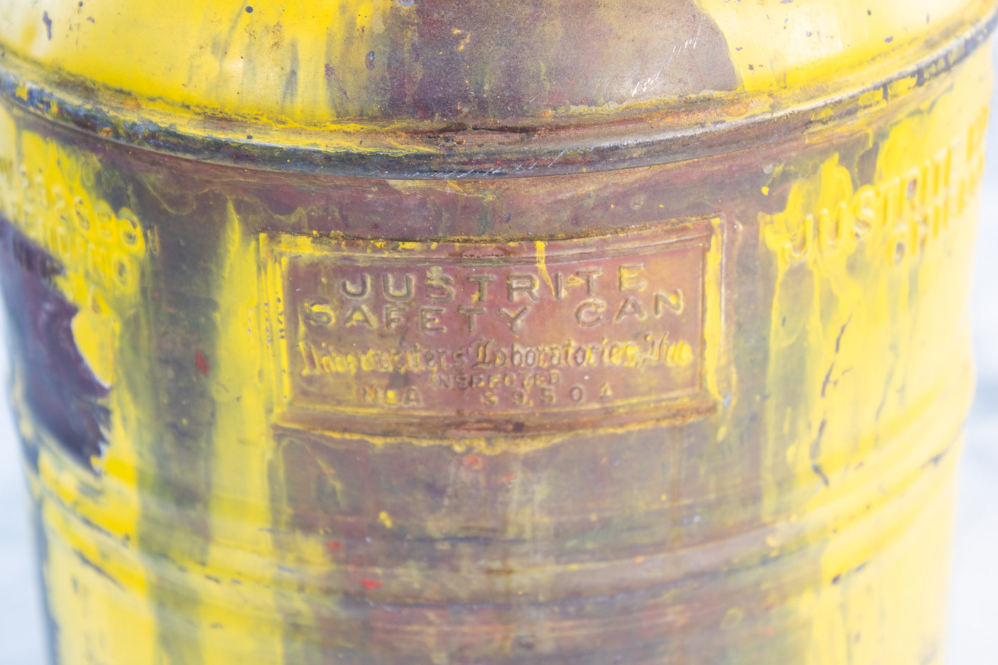 Vintage Justrite Safety Can – Chicago Industrial Metal Fuel Can, Yellow, Mid-Century