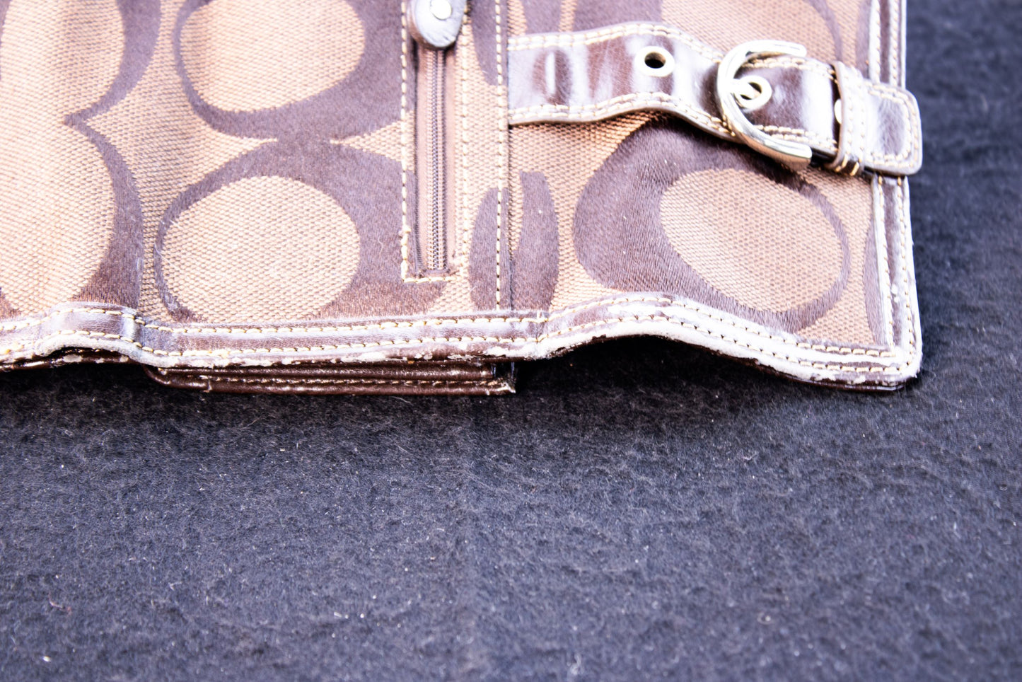 Coach Brown Signature C Trifold Wallet Buckle Strap Zip Coin Pocket