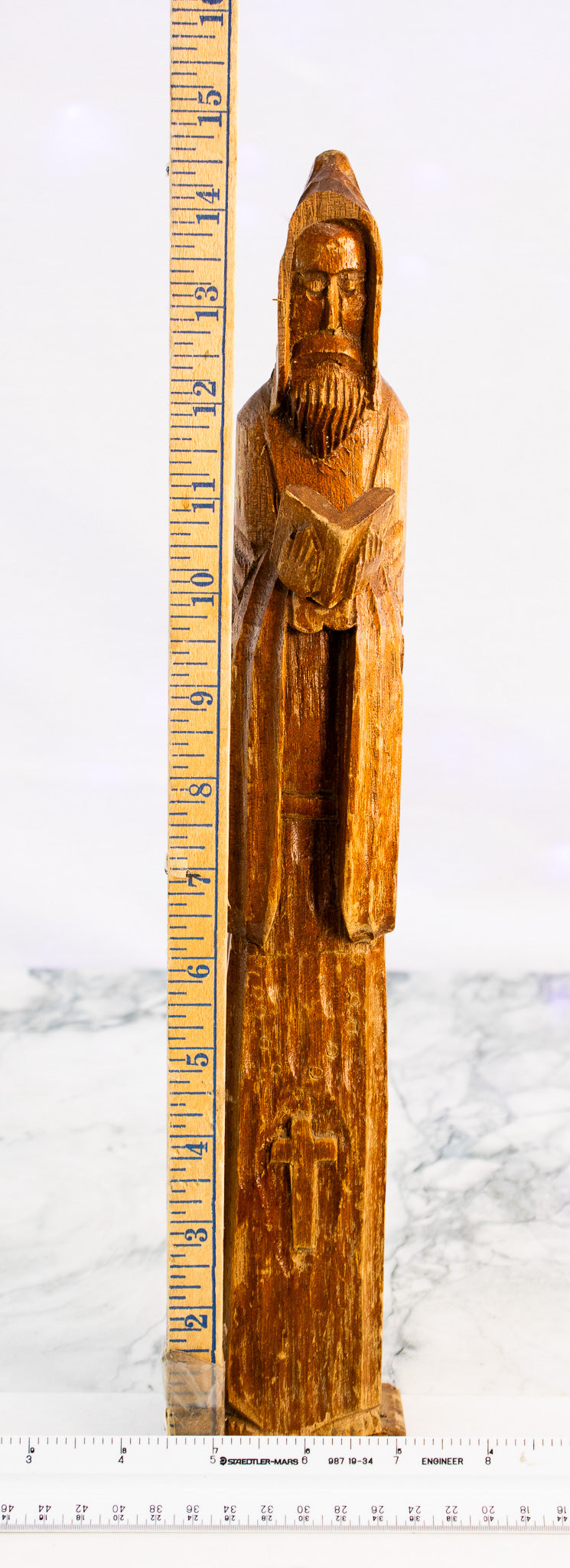 Hand-Carved Wooden Monk Sculpture | Primitive Religious Folk Art Figure