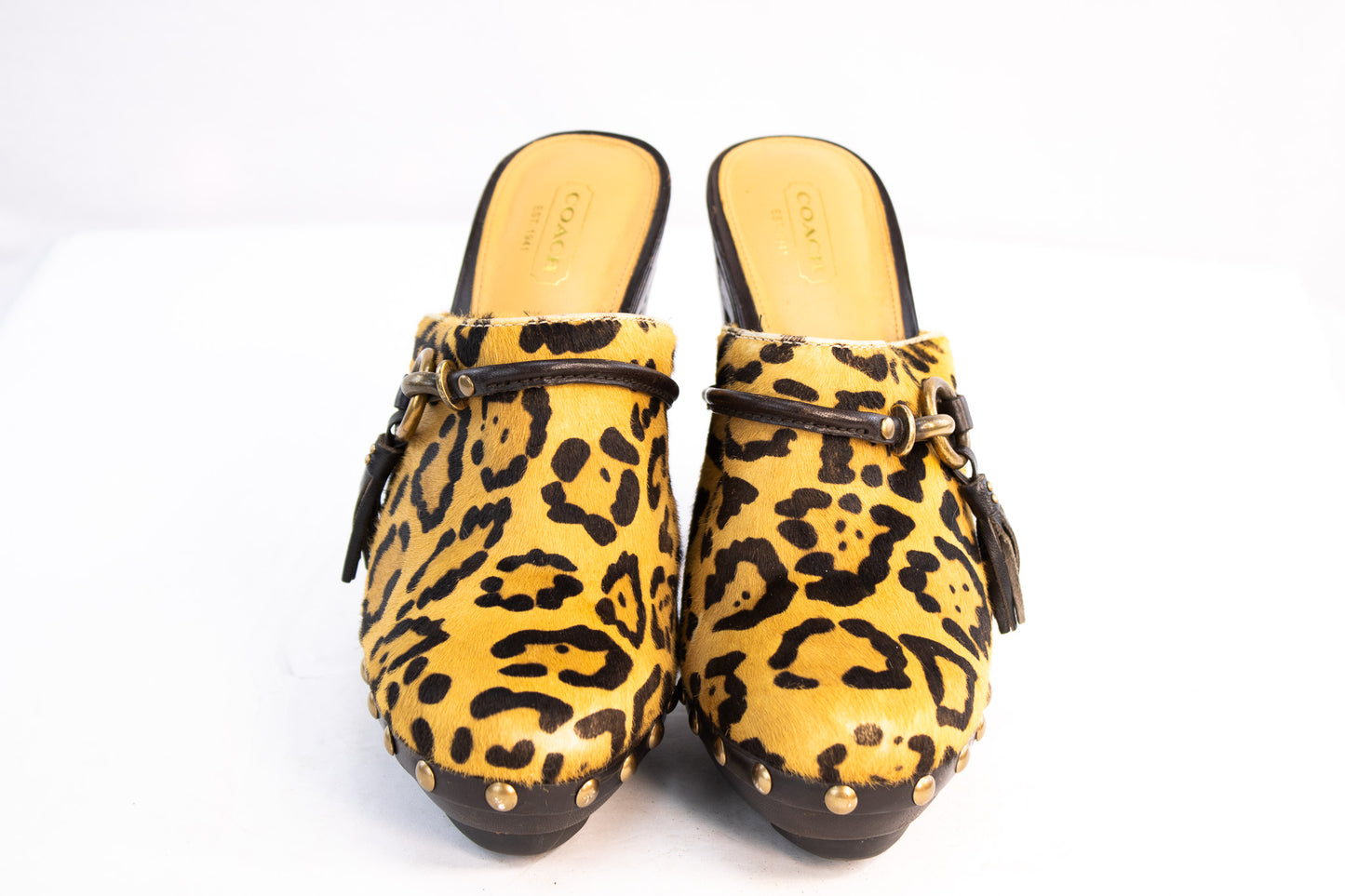 Coach Leopard Print Calf Hair Platform Clogs Women’s 8.5 Est Y2K Heels