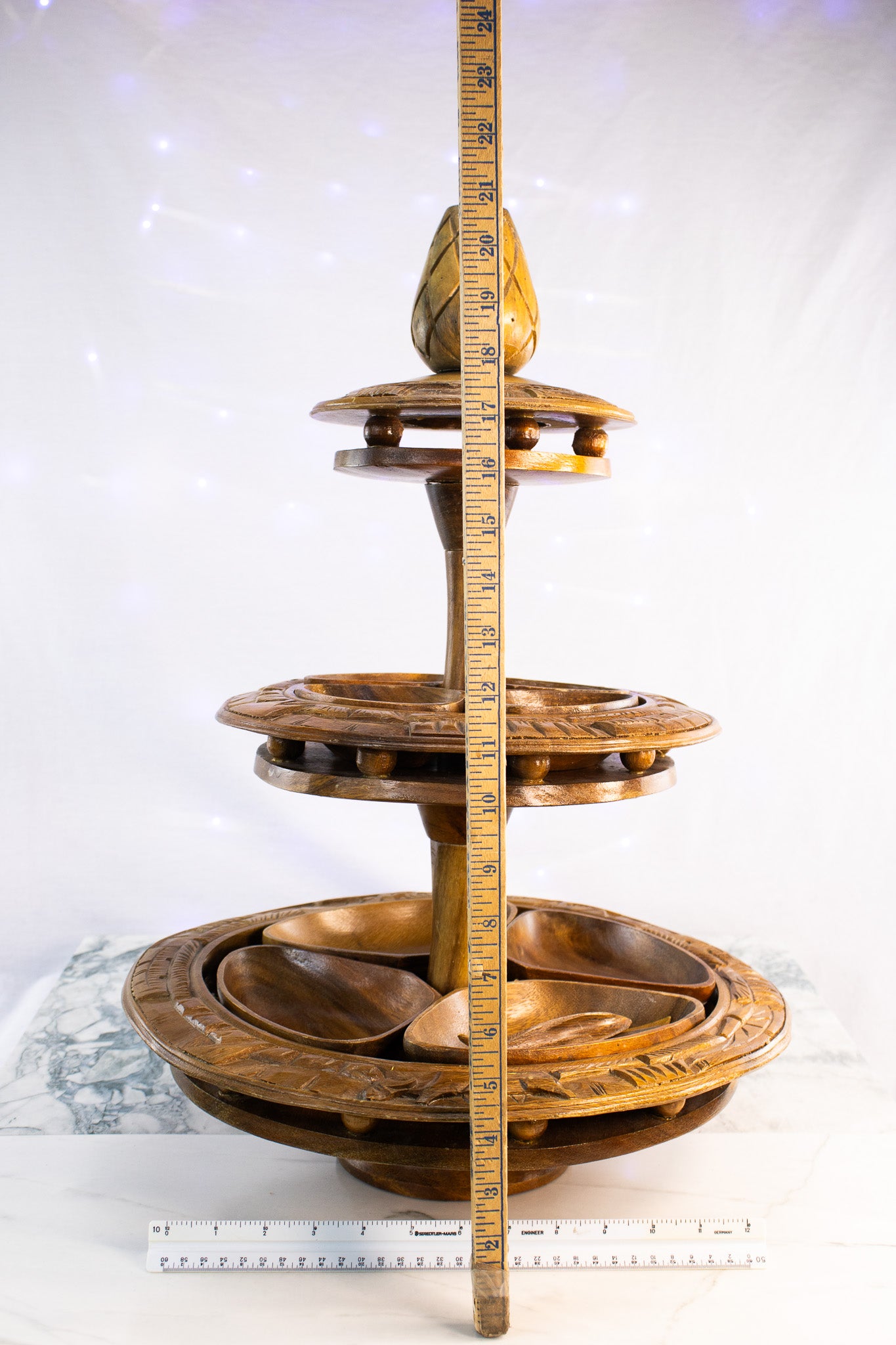 Vintage Hand-Carved Wooden Lazy Susan with Dual Spinning Tiers & Serving Bowls