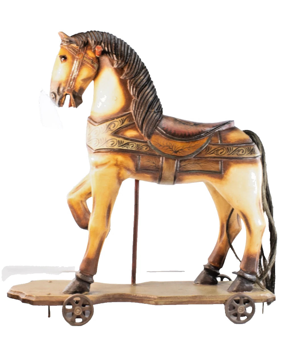 1885-1920s Hand-Carved Wooden Riding Horse w/Iron Wheels – Antique Folk Art 37