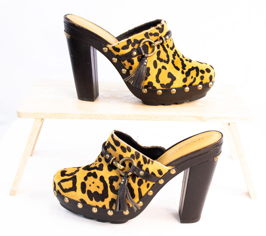 Coach Leopard Print Calf Hair Platform Clogs Women’s 8.5 Est Y2K Heels