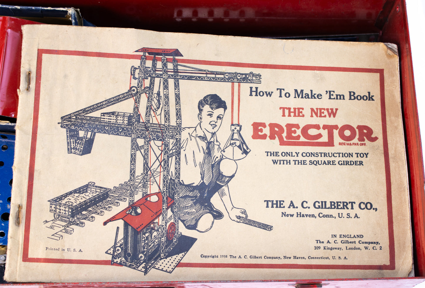 Vintage 1930s A.C. Gilbert Erector Set with Red Metal Case & Book