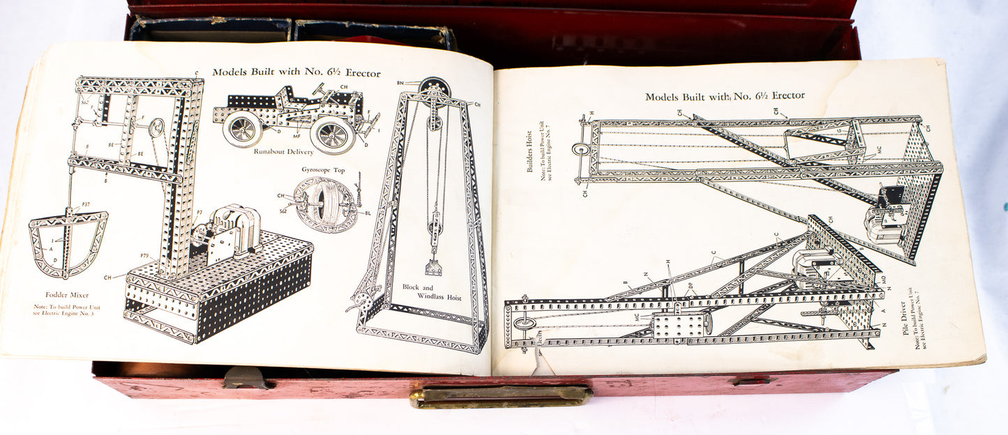 Vintage 1930s A.C. Gilbert Erector Set with Red Metal Case & Book
