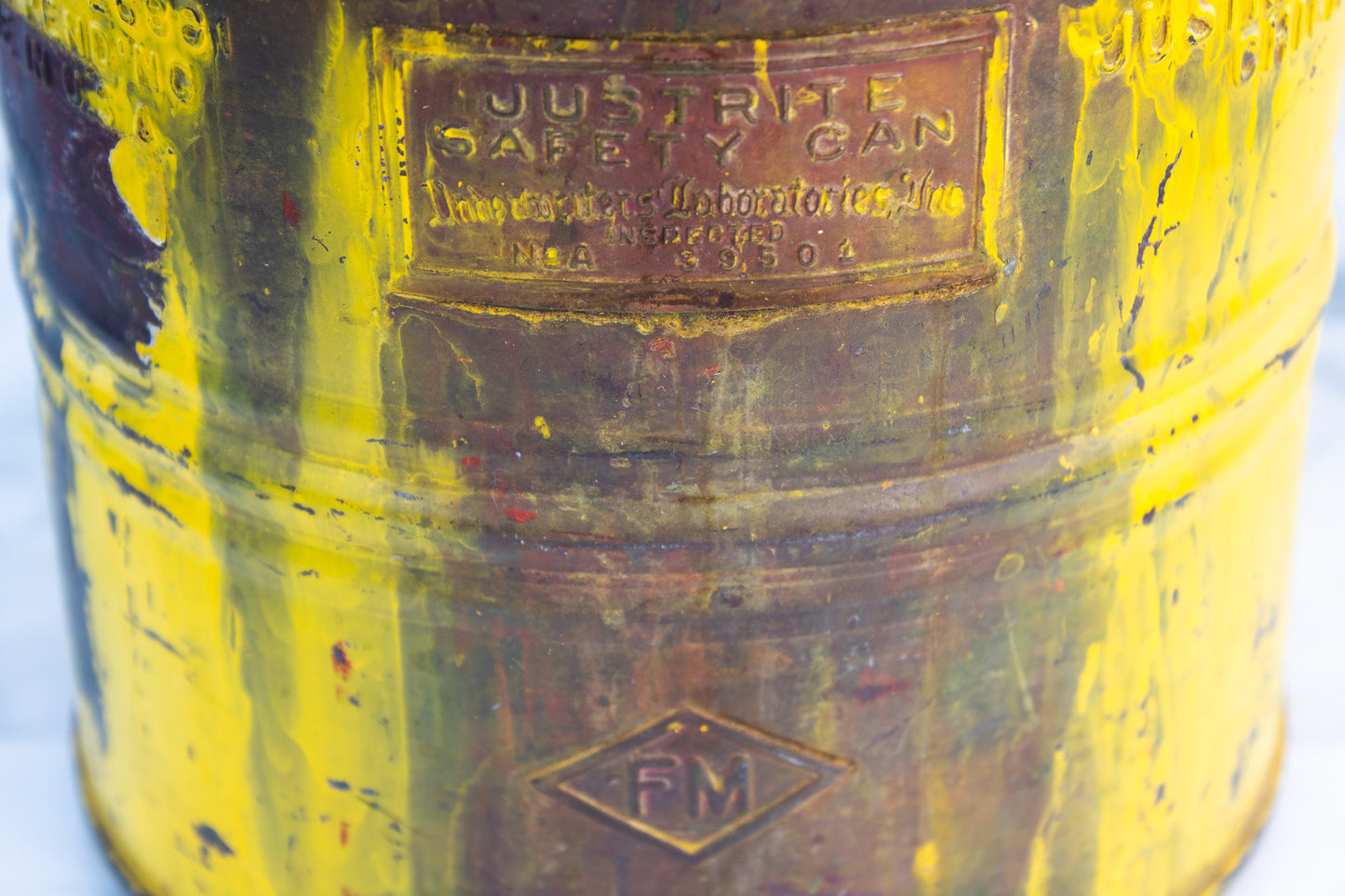 Vintage Justrite Safety Can – Chicago Industrial Metal Fuel Can, Yellow, Mid-Century
