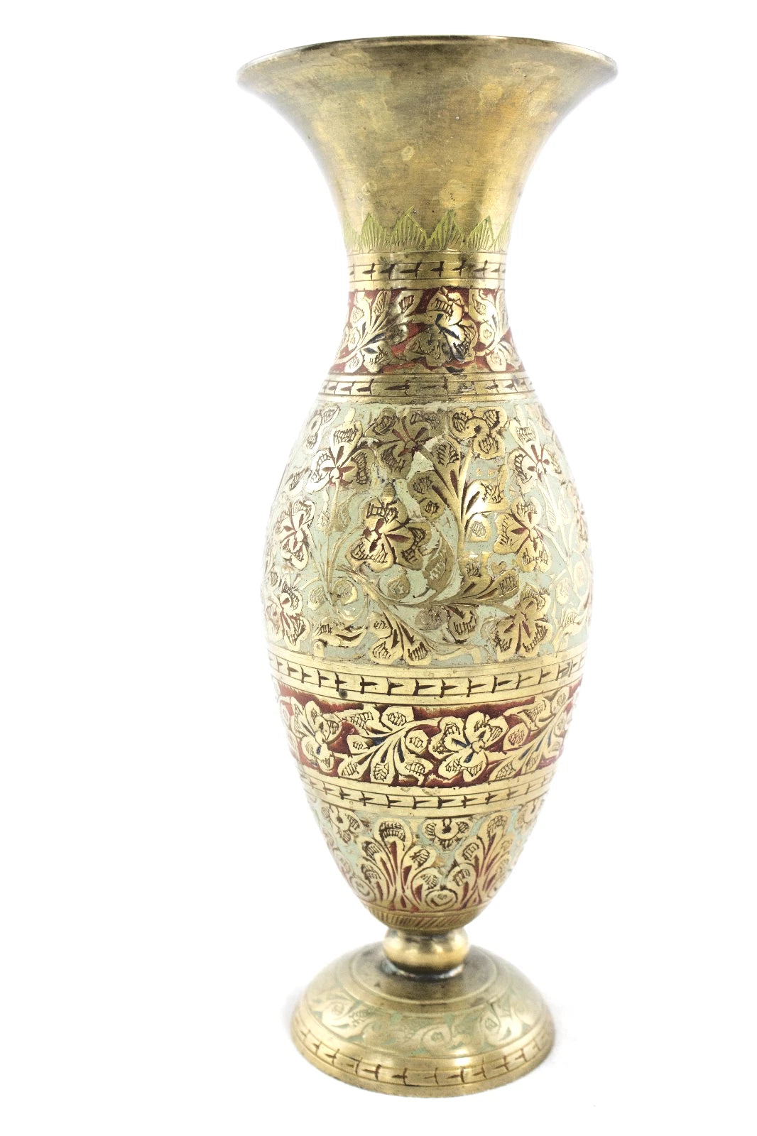 🏺 Vintage Brass Vase from India | Etched & Enamel Floral | 10” Tall Ornate
