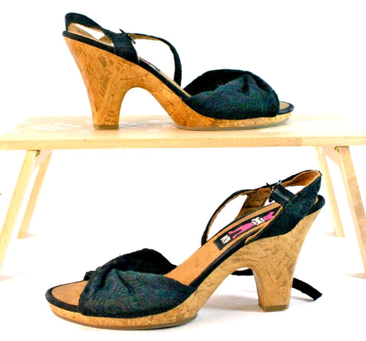 🐾 K9 Black Cork Wedge Sandals – Size 8M – Barkin’ Bold Style!