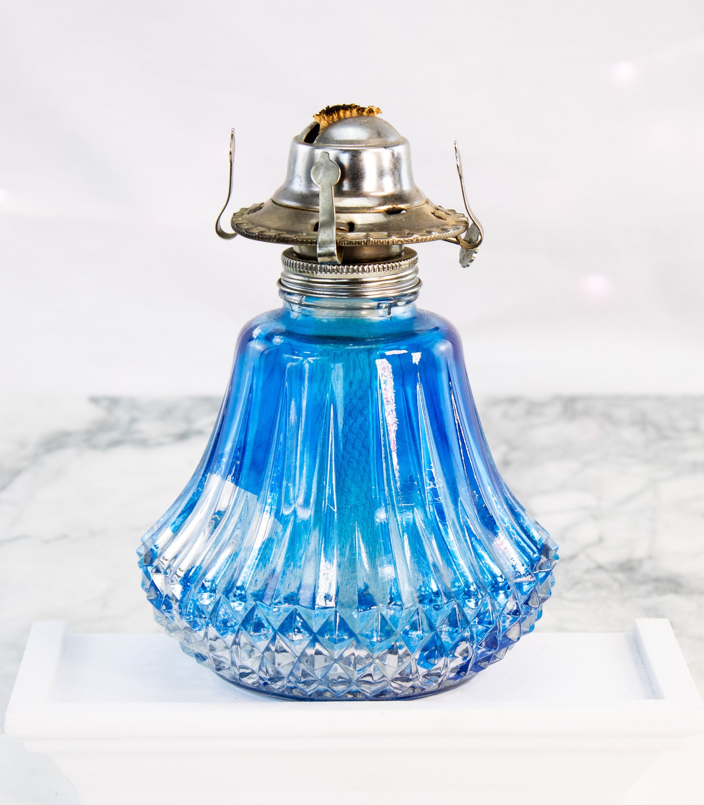 Antique Cobalt Blue Glass Oil Lamp | Victorian Pressed Glass Lighting Decor