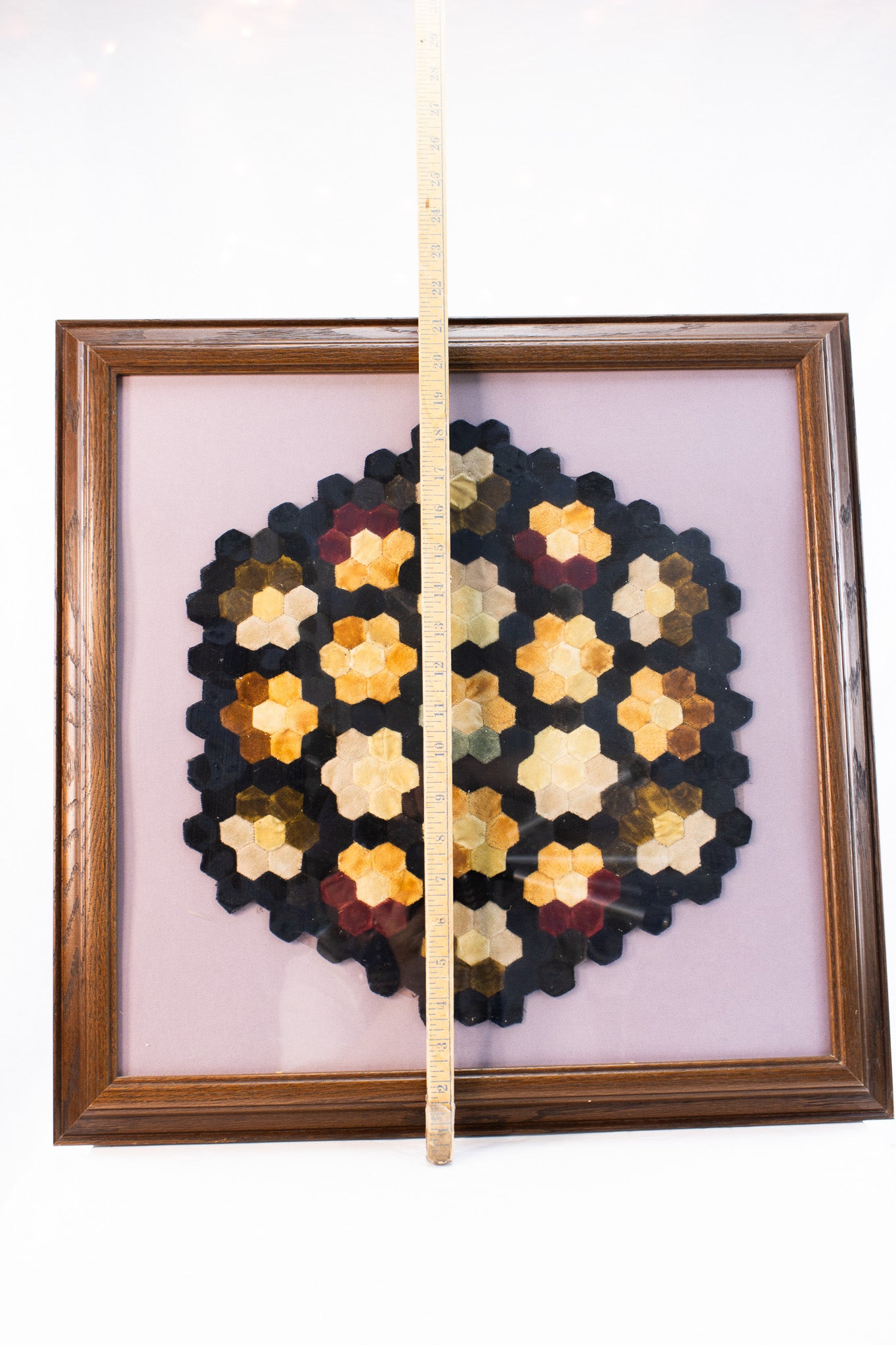 Framed Vintage Hexagon Quilt Textile Art – Hand-Stitched Geometric Fiber Wall Art