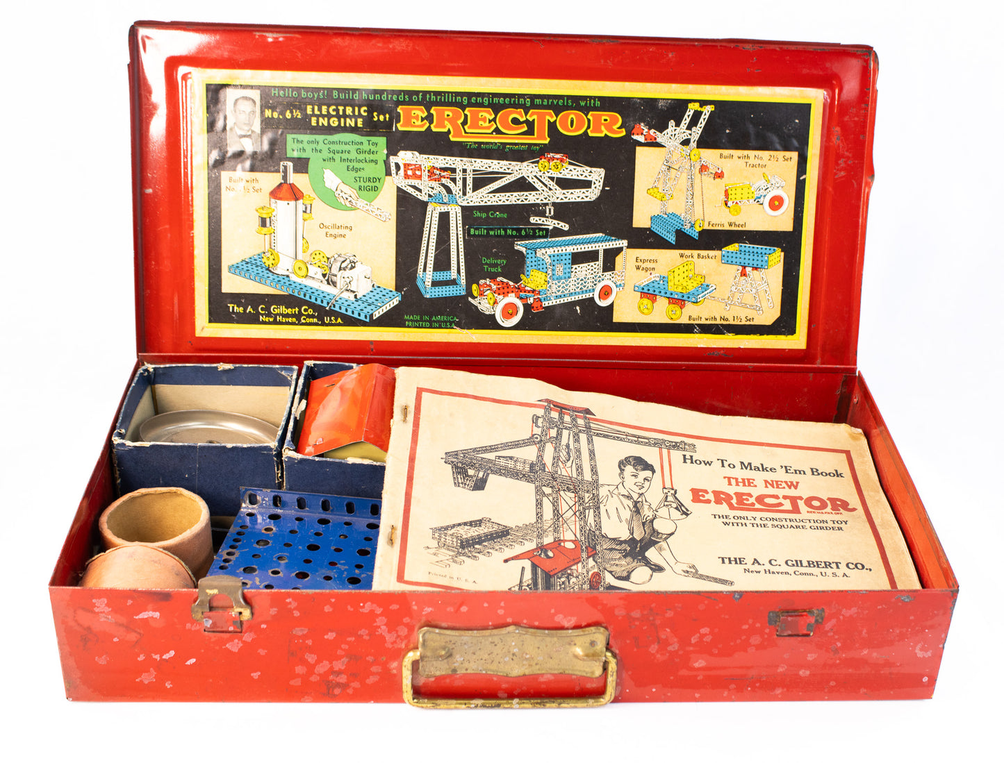 Vintage 1930s A.C. Gilbert Erector Set with Red Metal Case & Book