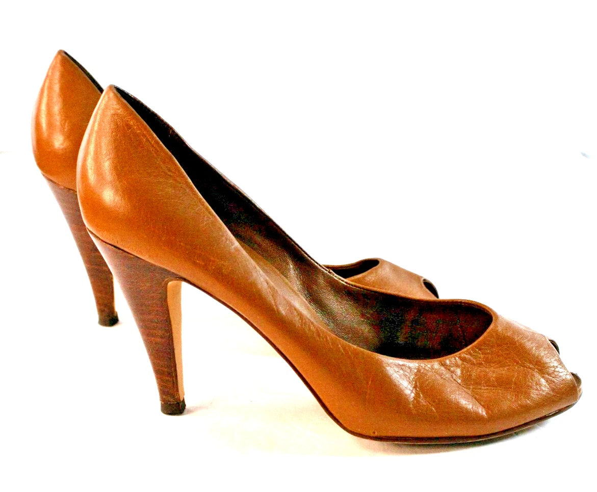 9 West “Kristy” Peep-Toe Heels – Caramel Brown Leather – Size 8M Made in Brazil