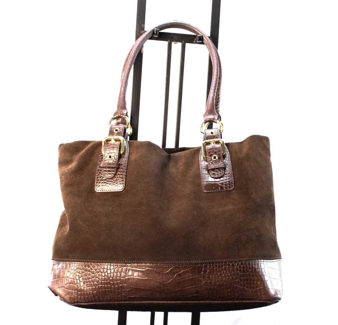 Brown Suede & Croc-Embossed Tote Bag – Large Shoulder Purse by HPHS