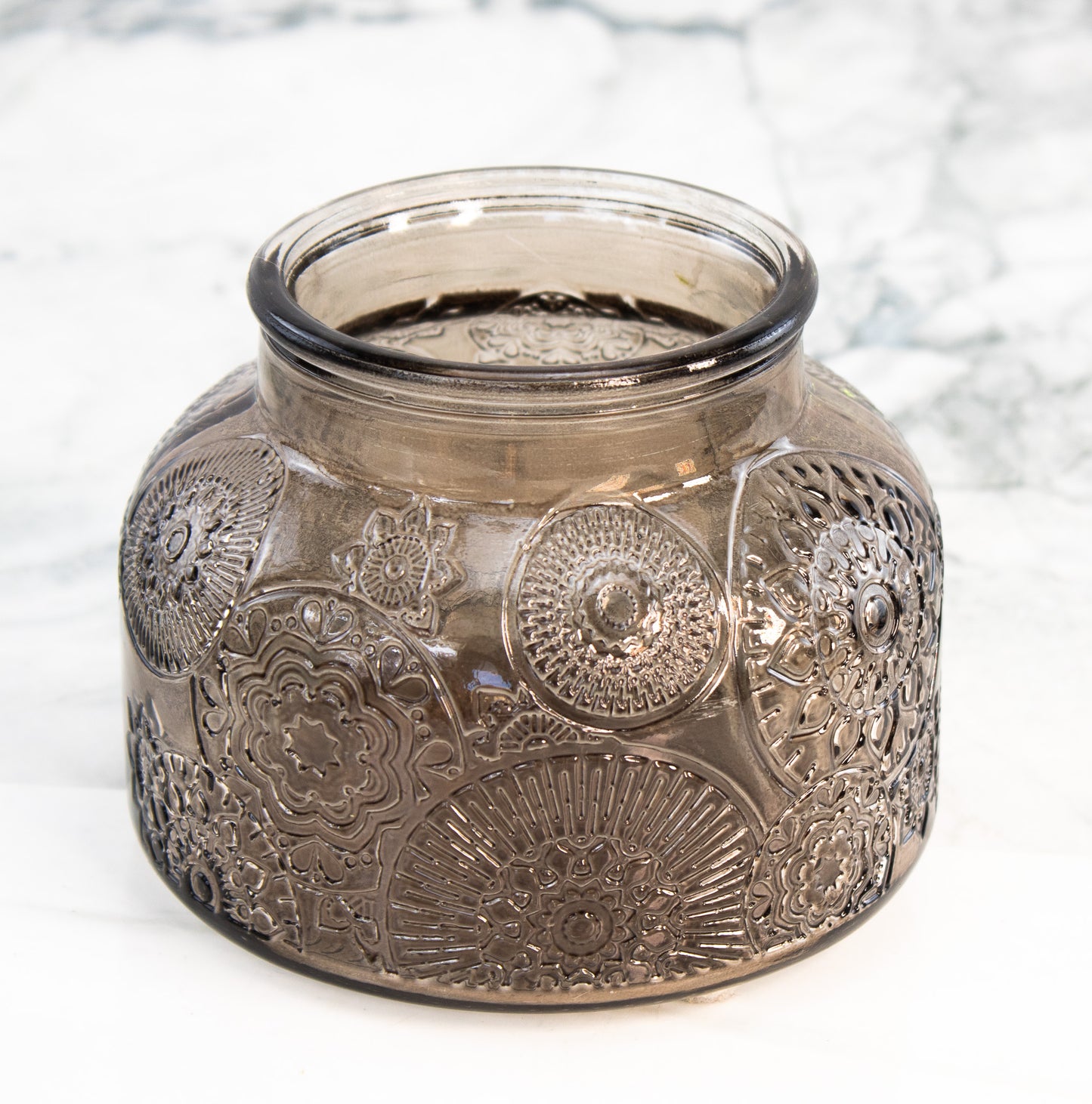 Smoke Glass Vase Embossed Boho Jar Floral Medallion Decor