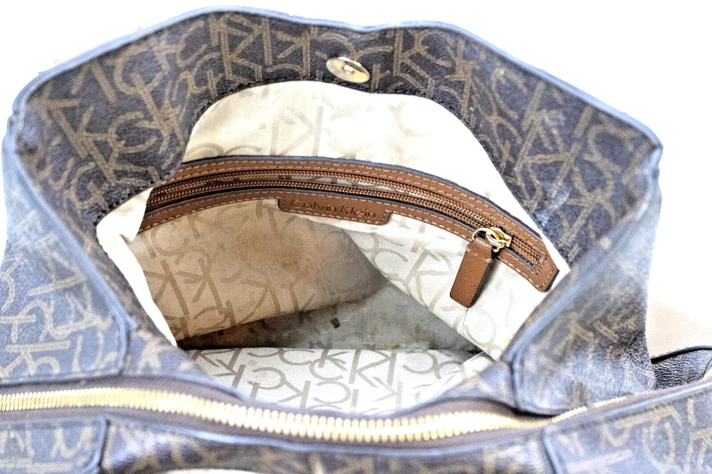 Calvin Klein Brown Monogram Tote Bag – CK Logo Shoulder Purse – Vintage-Inspired