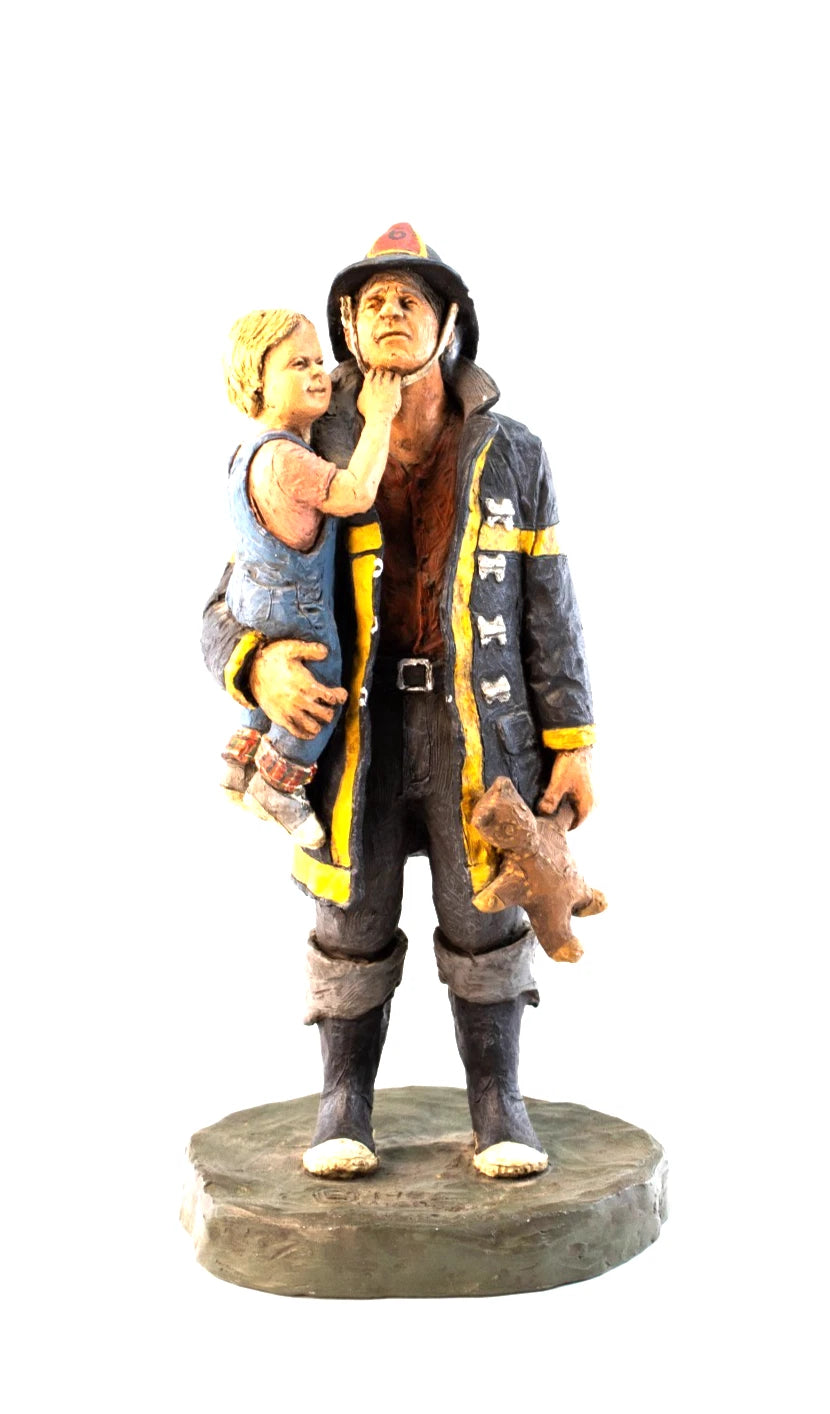 1986 Michael Garman Sculpture — “Firefighter with Child” — Heroic Americana Art