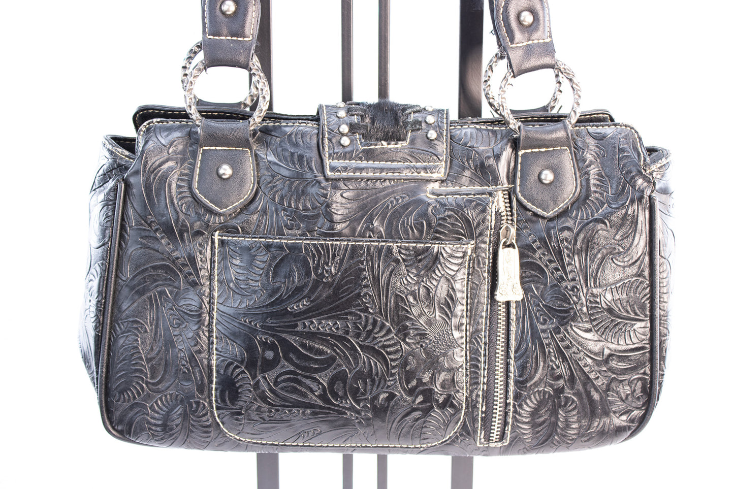 Western Tooled Leather Concealed Carry Handbag with Hair-On Hide