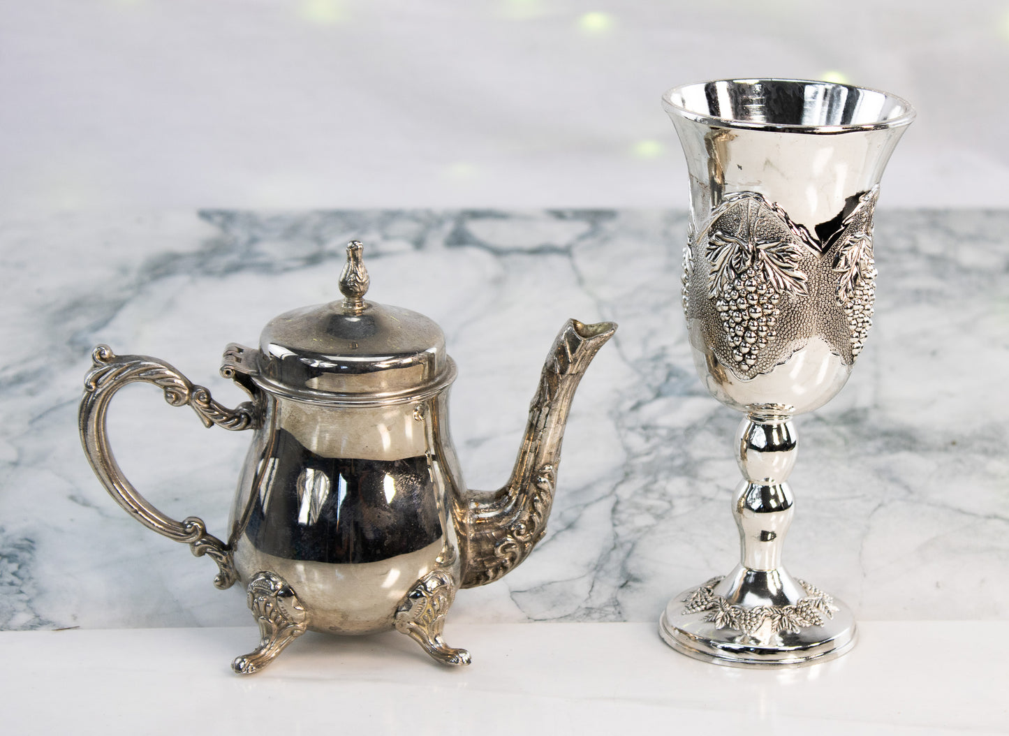 Silverplate Teapot and Grape Goblet Set Elegant Barware