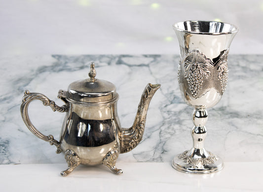 Silverplate Teapot and Grape Goblet Set Elegant Barware
