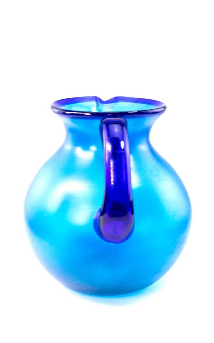Vivid Cobalt Blue Hand-Blown Art Glass Pitcher / Vase — Frosted Finish, 10.5"