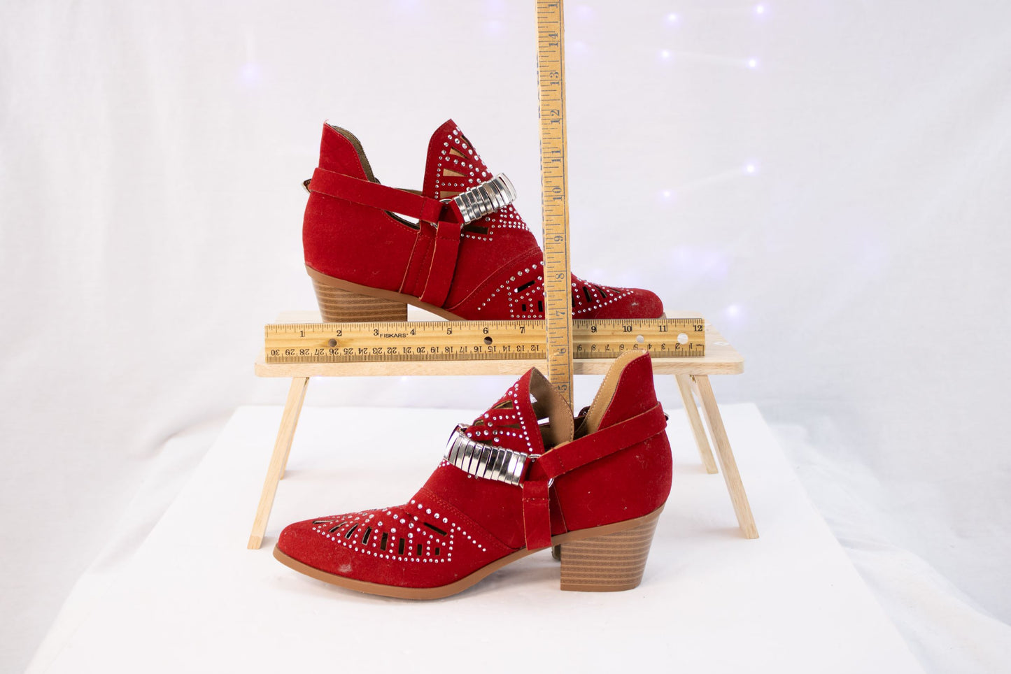 Red Studded Western Ankle Booties Womens 8 8.5 EU39 Suede Buckle Heel