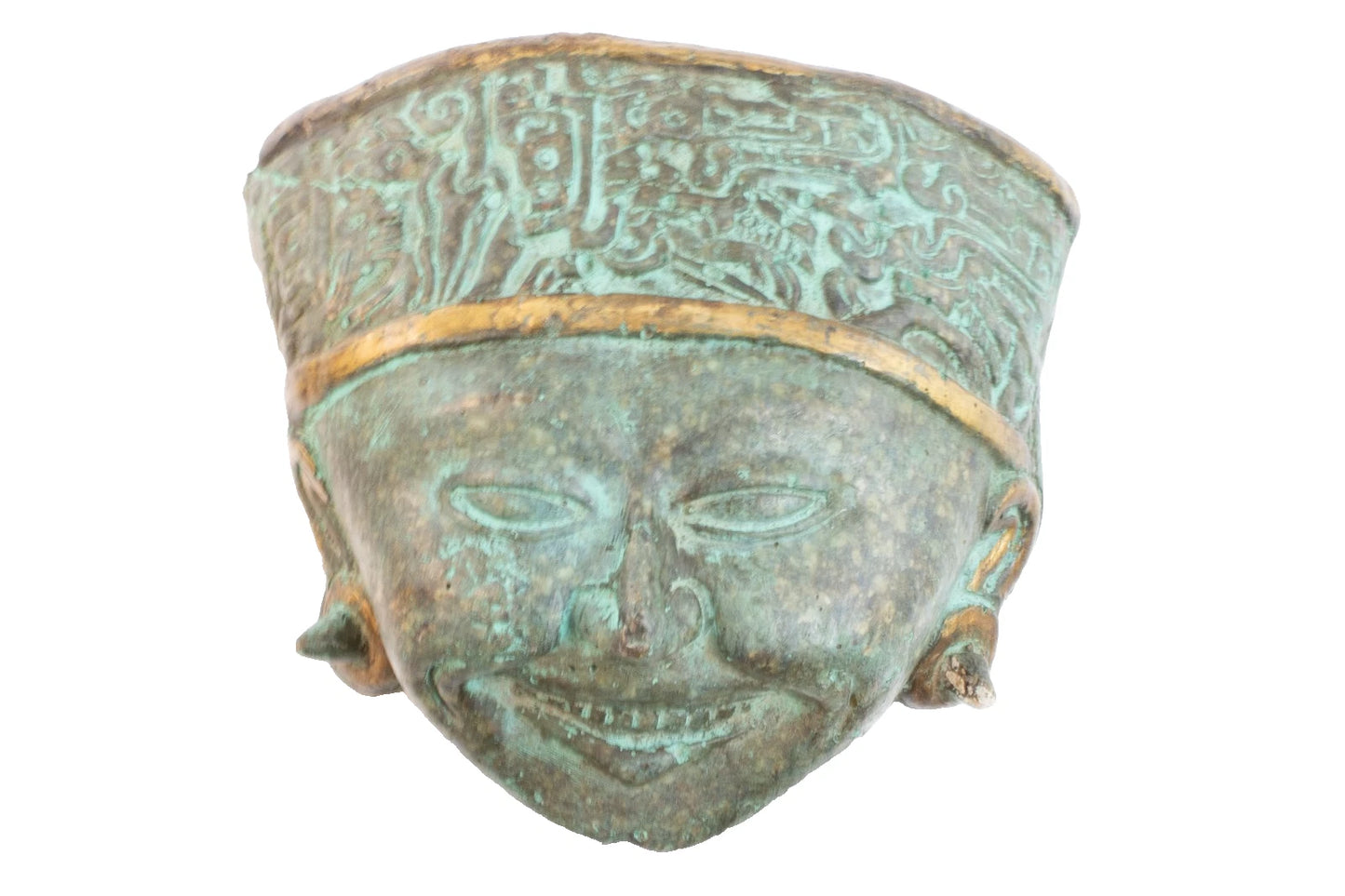 Vintage Verdigris Bronze-Finish Mask Sculpture – Ancient Style Smiling Face