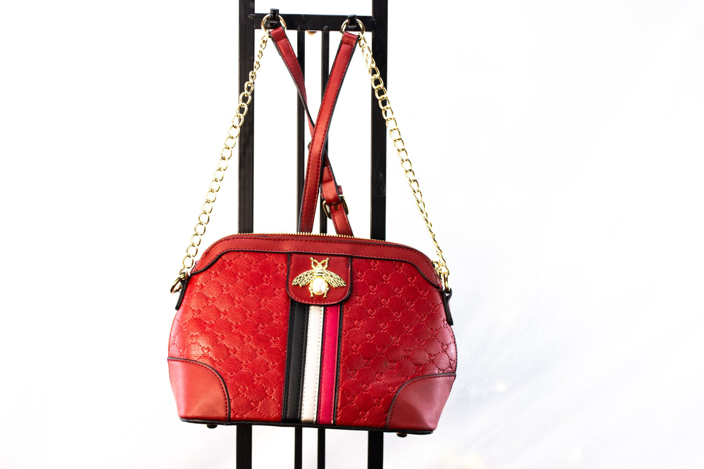 Red Quilted Bee Embellished Crossbody Bag Gold Chain Strap