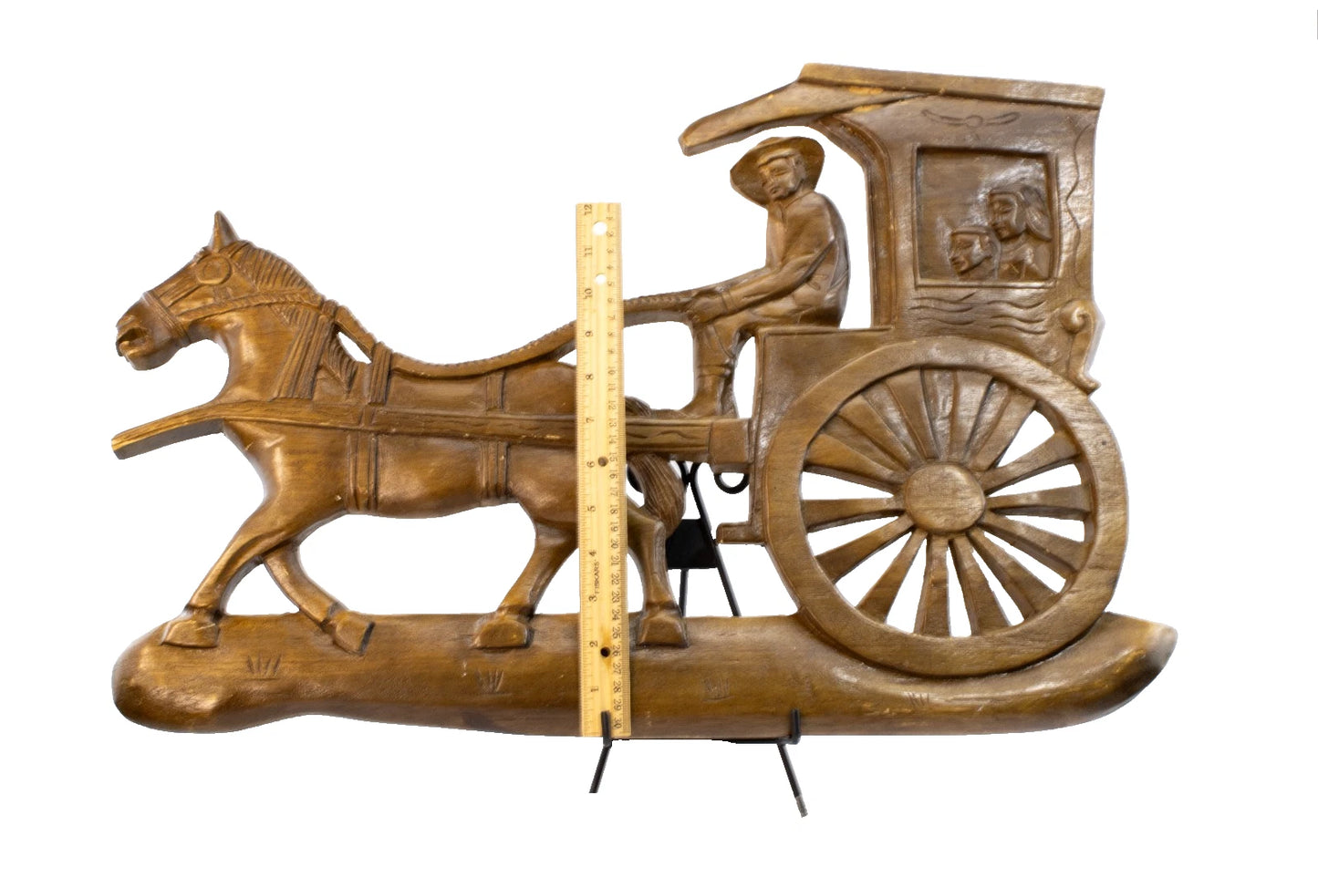 Vintage Hand-Carved Horse & Carriage Wall Sculpture Rustic Mid-Century Folk Art
