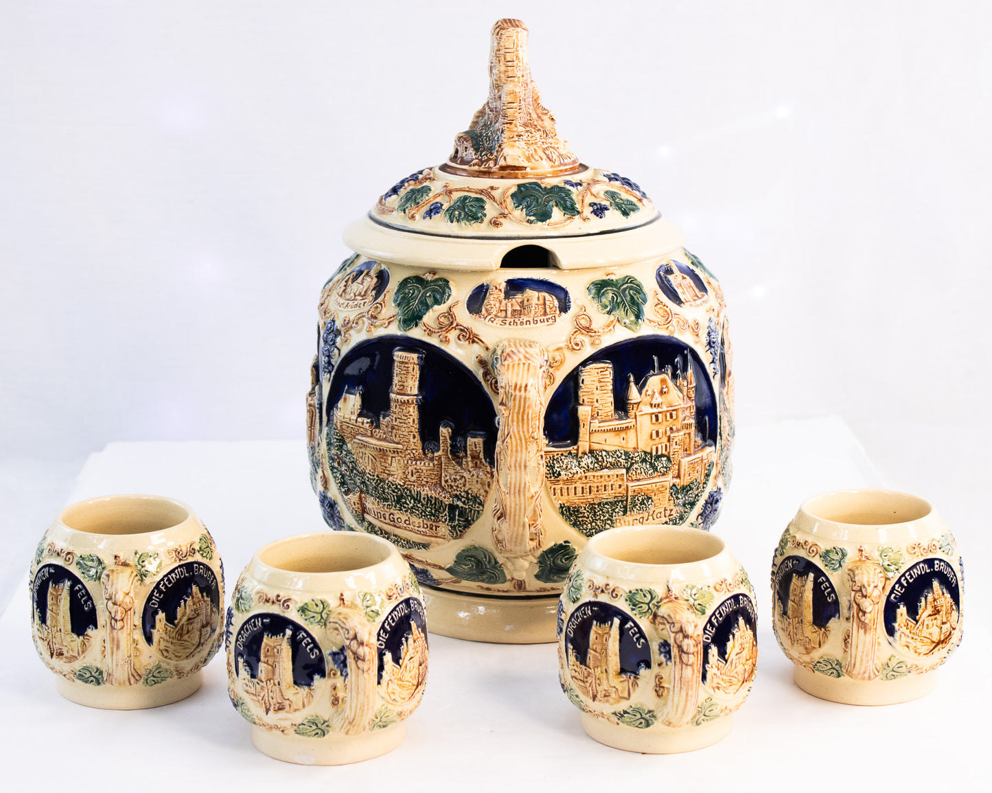 Vintage German Castle Punch Bowl Set | Old World Stoneware | Made in Germany