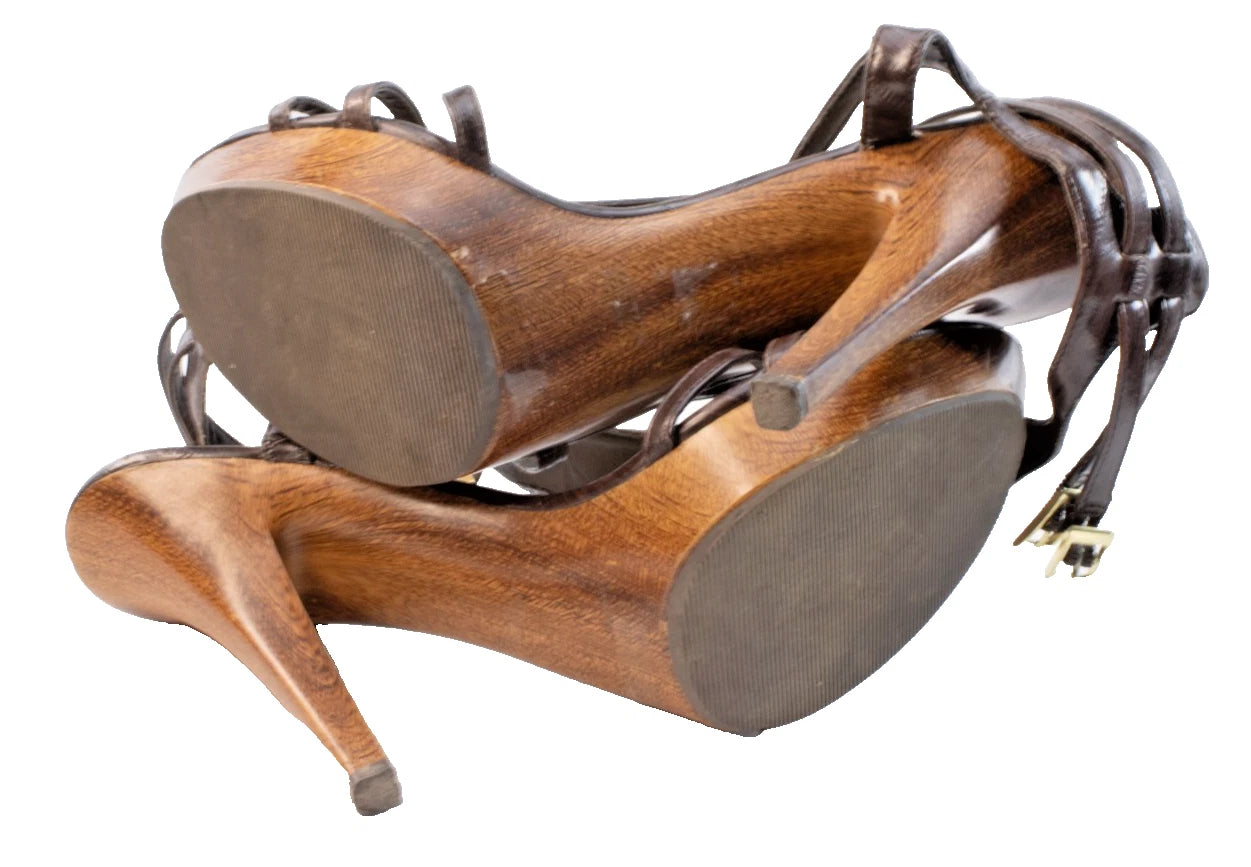 ✨ VANITY Brown Faux-Wood Platform Heels – Strappy Statement Stilettos ✨